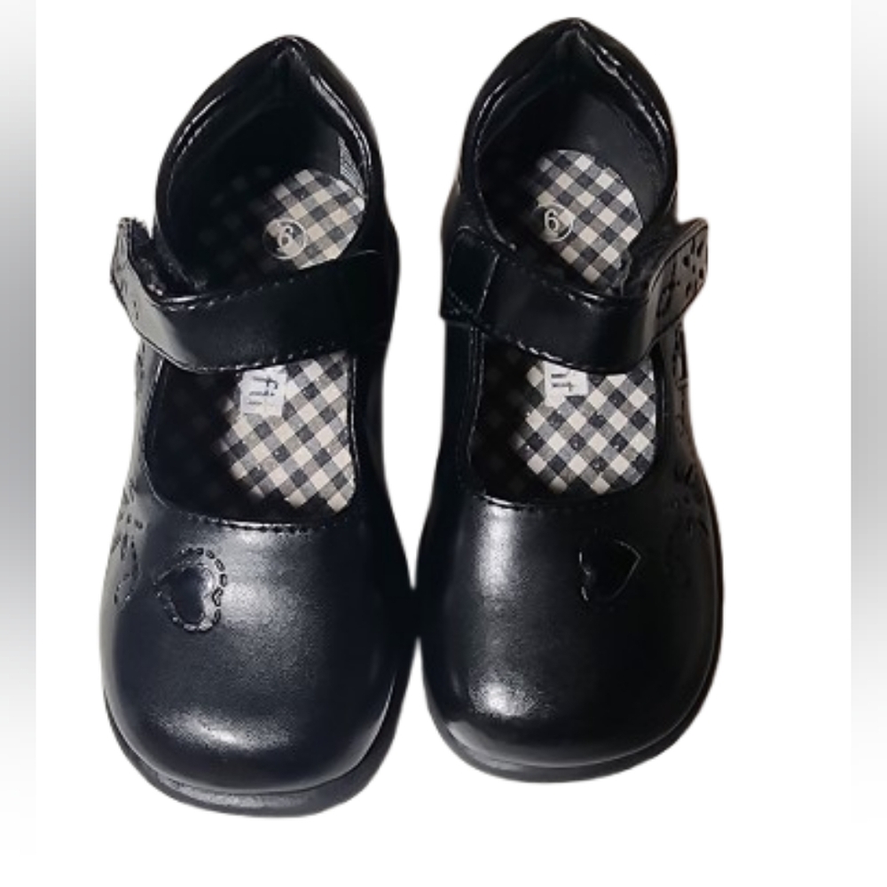 Black Leather Mary Jane Baby Shoes with Heart Design Strap on Velcro